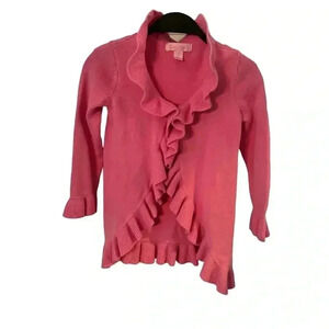 Lilly Pulitzer Girls Curious Pink Maple Sweater Ruffle Cardigan Size XS 2-3